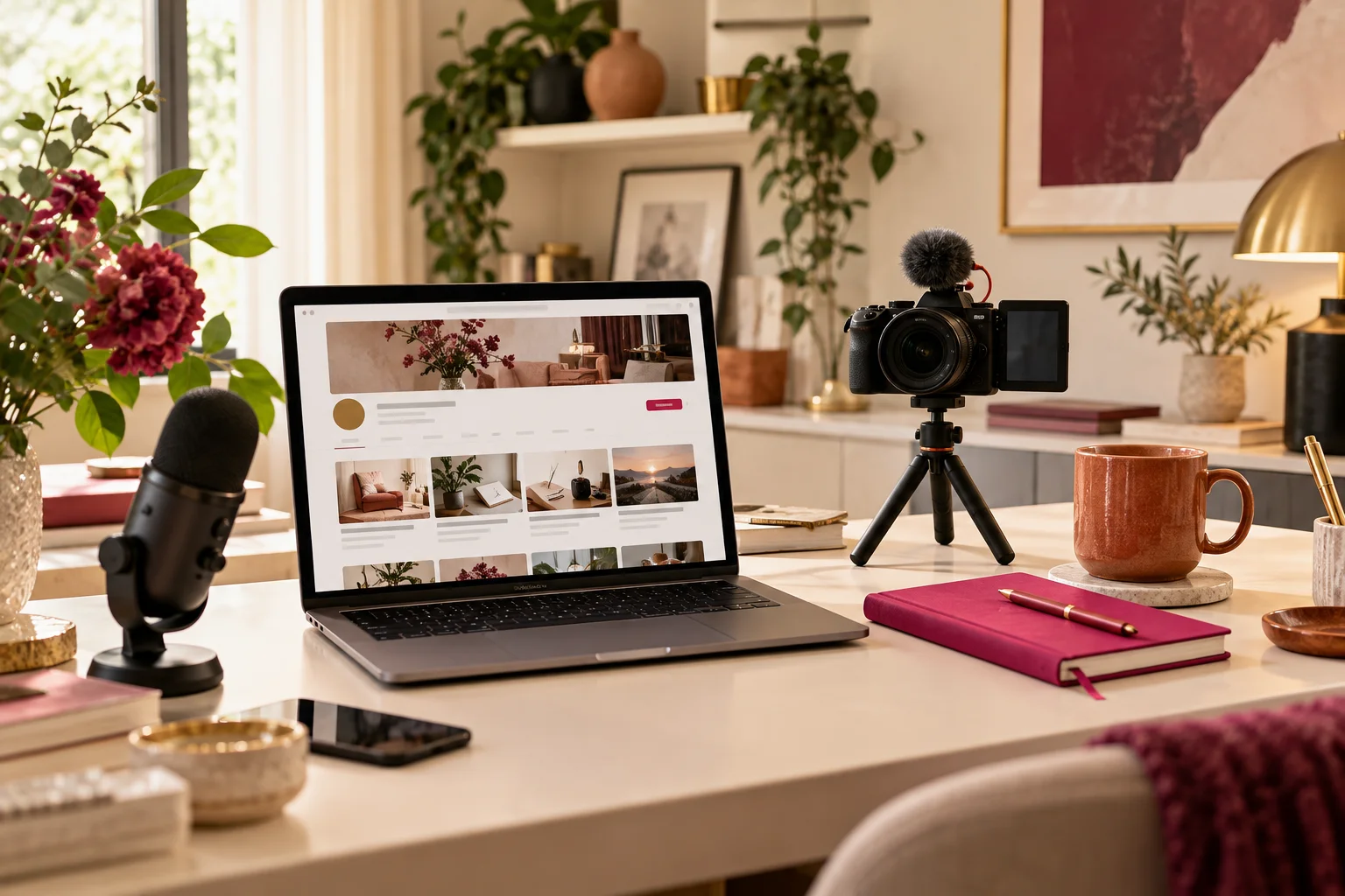 Warm editorial workspace with a laptop, video camera, microphone, and berry notebook